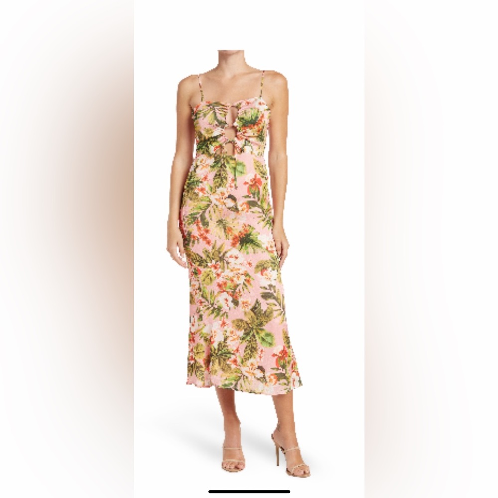 NSR Tropical flower print cutout midi dress